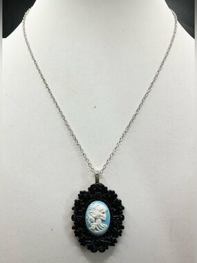 BLACK CAMEO PENDANT SKULL LADY  NECKLACE WITH BLUE ACCENT GIRLY GOTH